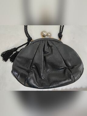 Judith Leiber Black Textured Evening Clutch with Tassel Strap